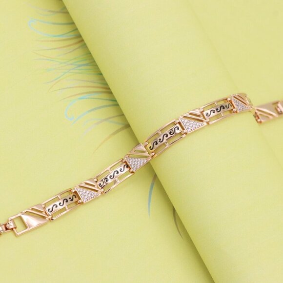 "Rose Gold Geometric Link Bracelet with Black and Crystal Accents, XPBL0810 - Picture 6 of 12